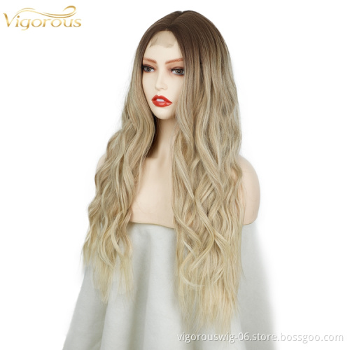 Vigorous Cheap Price Long Curly Wavy Ombre Blonde Wig Synthetic Body Wave Hair Heat Resistant Fiber Wigs For Black White Women